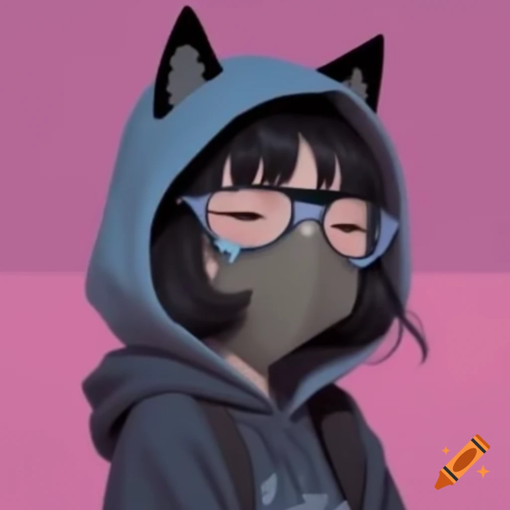 Cartoon catgirl wearing hoodie and mask for profile picture