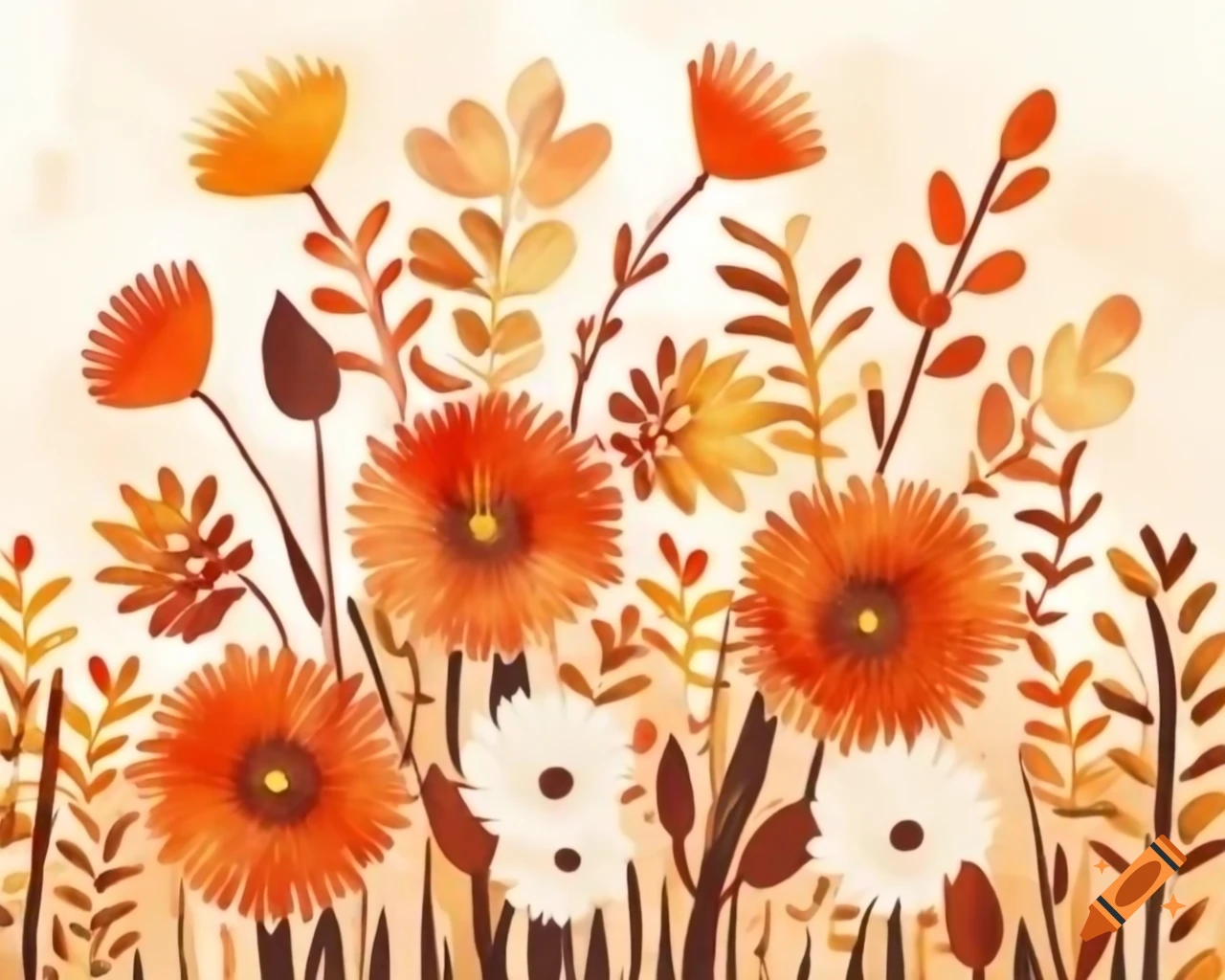 Colorful autumn flowers in watercolor shades of orange, gold, and bronze