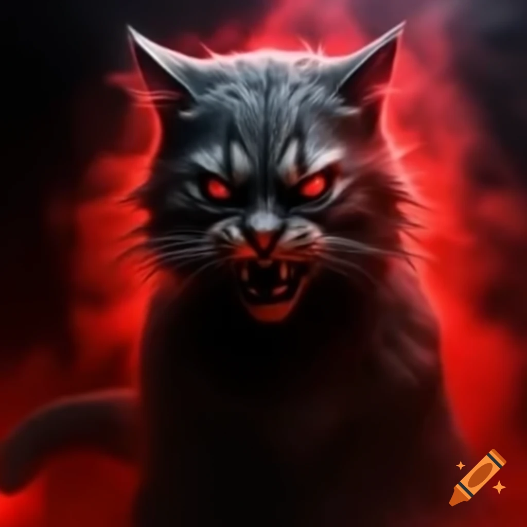 Demonic cat face emerging from red mist