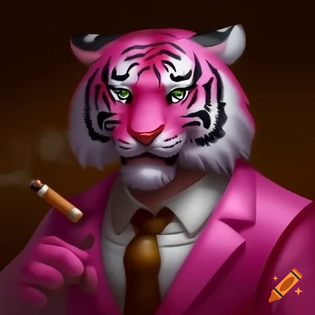 Pink tiger in a pink suit holding a cigar