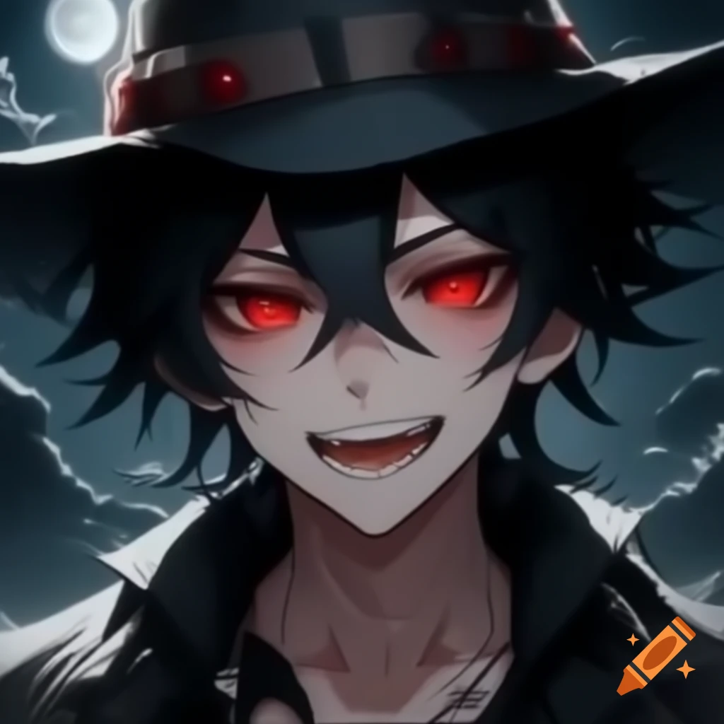 Anime vampire with long black hair, red eyes, and brimmed hat in front of moon