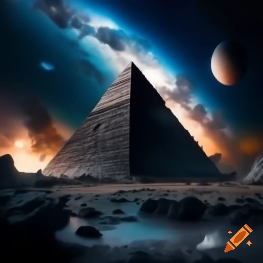 Black pyramid on alien rocky landscape under clear night sky with visible galaxy