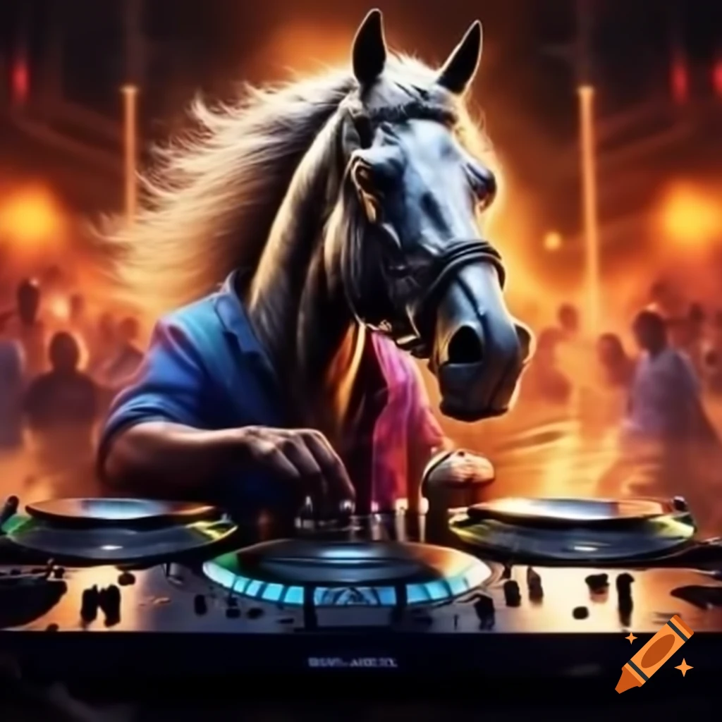Horse as DJ, mixing music in a playful setting
