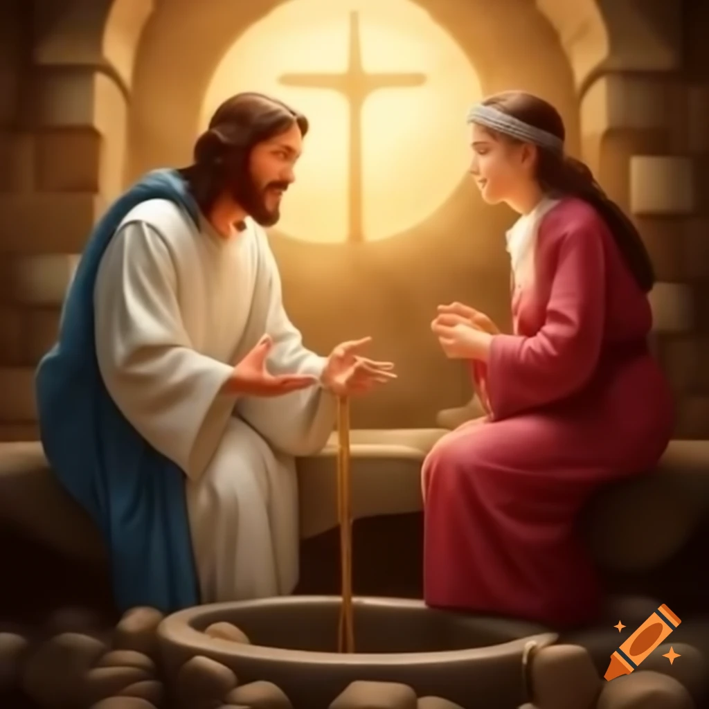 Biblical scene of Jesus and the Samaritan woman at the well