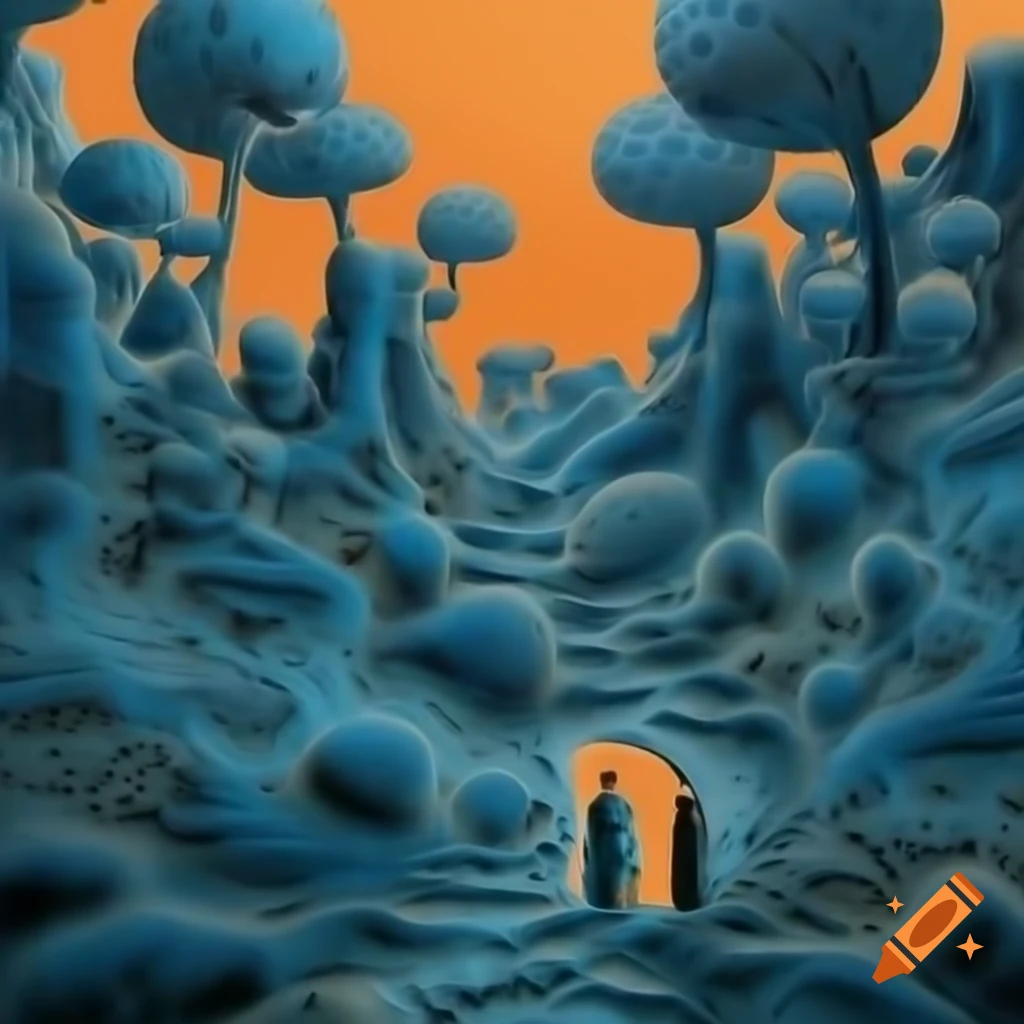 Surrealist nature landscape with people, detailed fractal patterns and bright colors