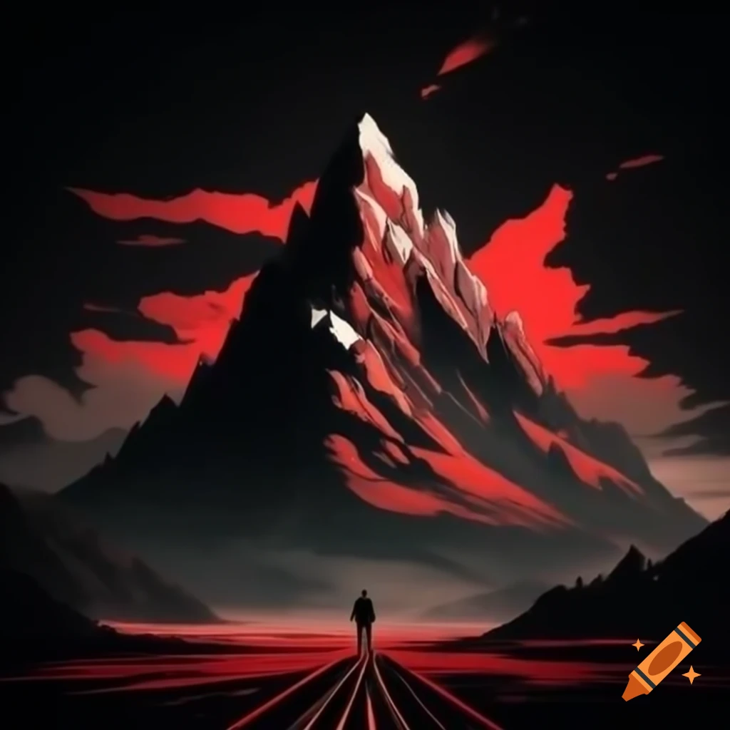 Dark minimalist travel poster of tall mountain with red and black colors, man walking toward it