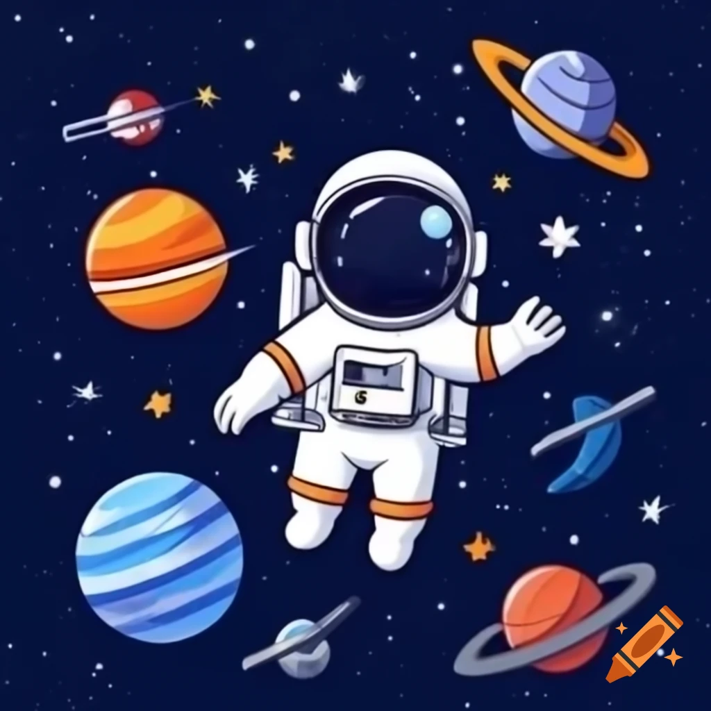 Cartoon-style astronaut flying through a Tim Burton-inspired universe