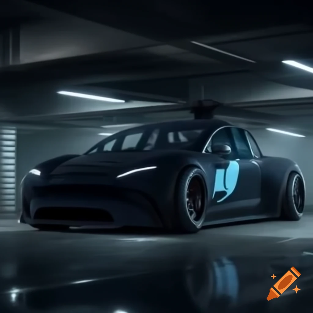 Tesla Cybertruck with custom motor in dark sci-fi underground parking lot