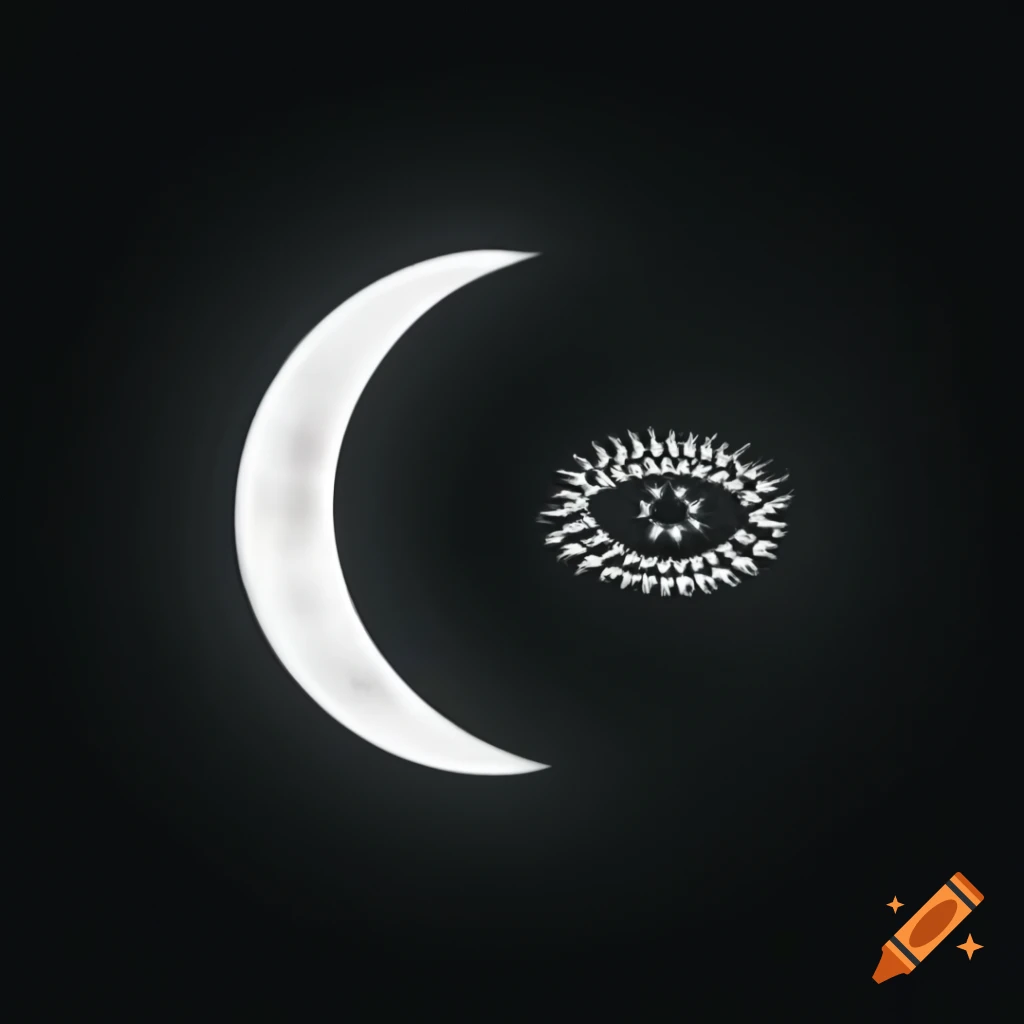 Crescent moon symbol with eye in center, white on black background