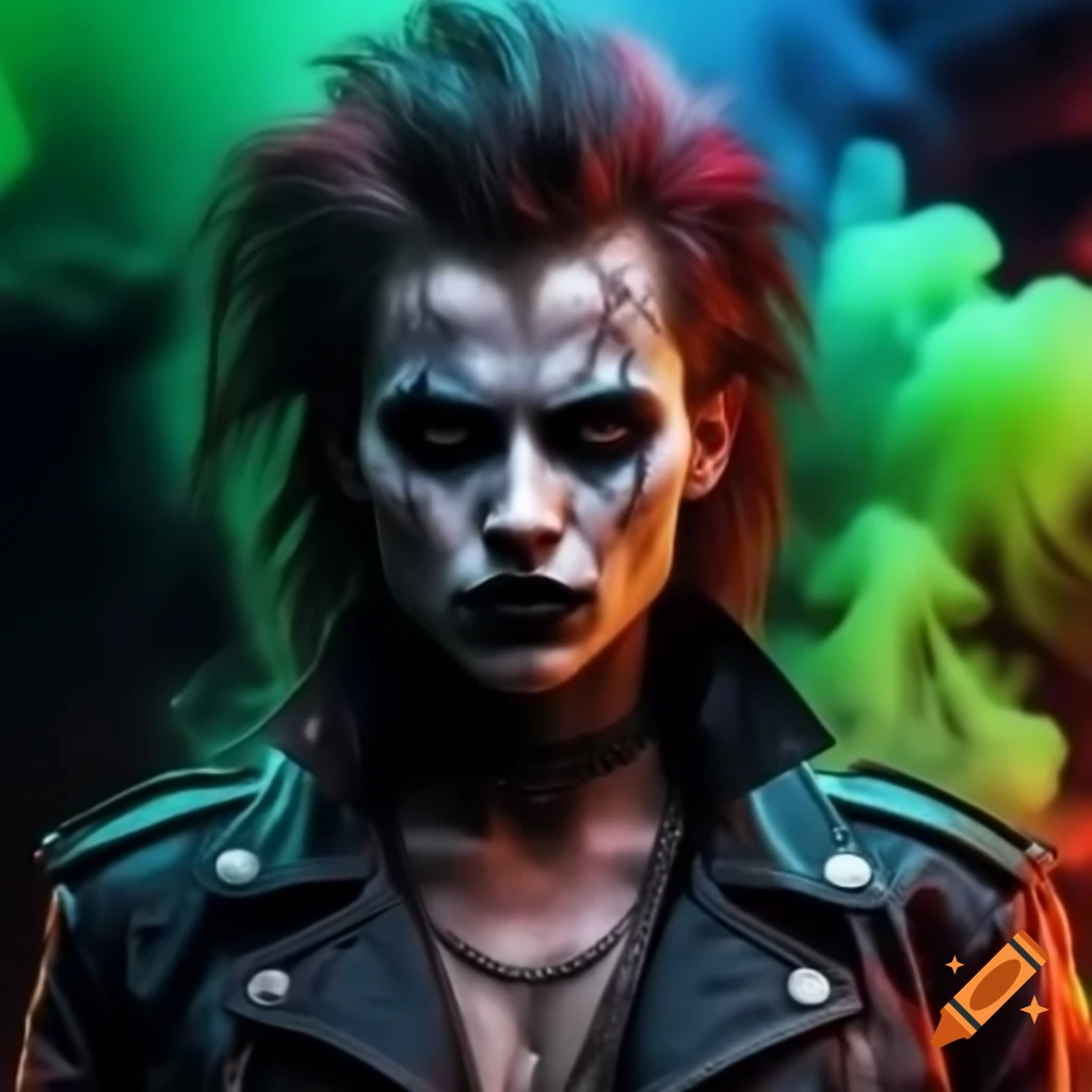 Psychedelic punk rock vampire with piercings and green smoke background, realistic style
