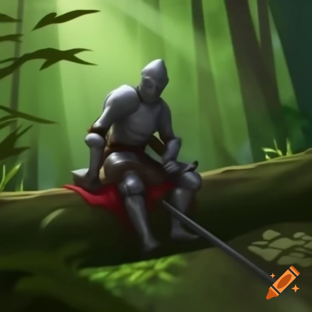 Knight resting on log in lush green forest