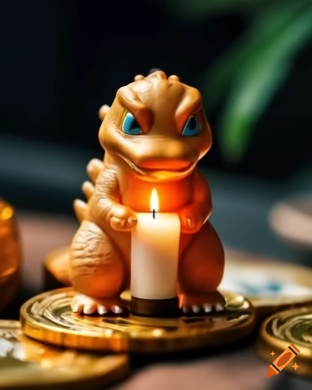 Kawaii Godzilla-shaped candle next to Bitcoin for size comparison on Craiyon