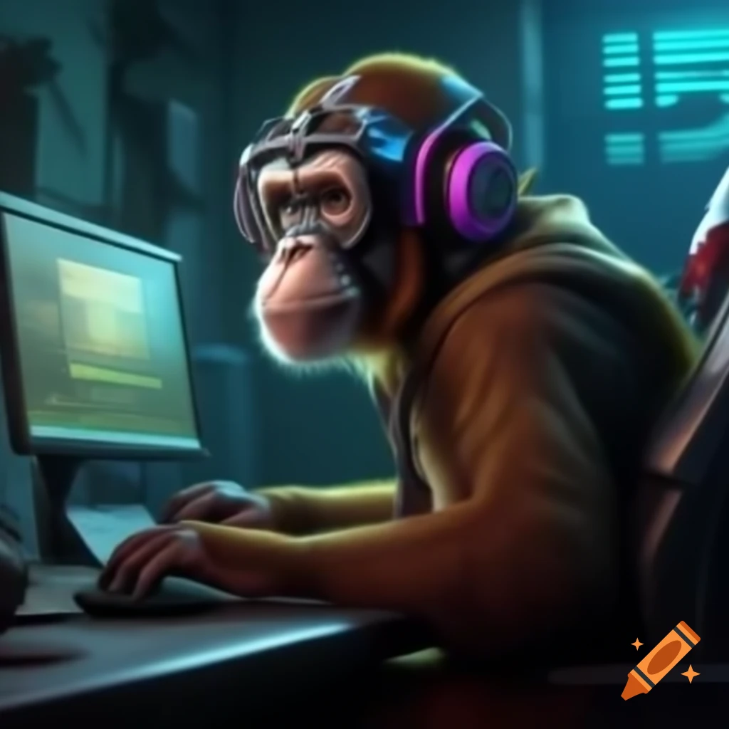 Monkey wearing gaming headset playing Overwatch on desktop computer in dilapidated room