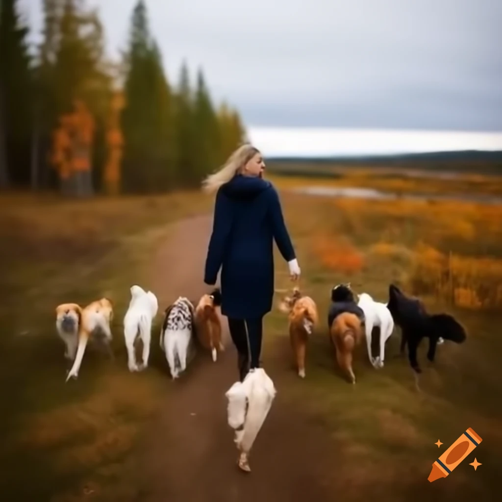 Woman walking nine different dog breeds in colorful Finnish autumn landscape
