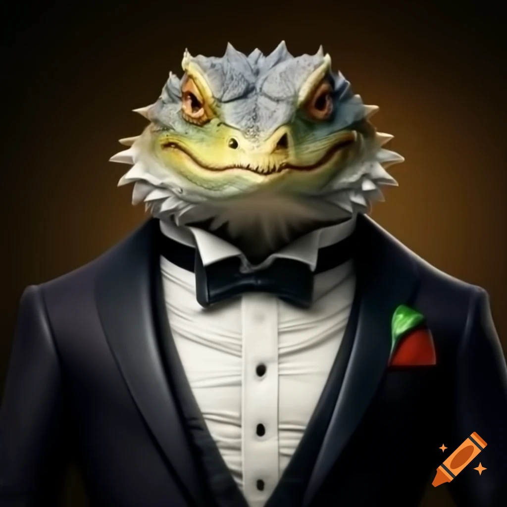 Bearded dragon in tuxedo illustrated in Studio Ghibli style
