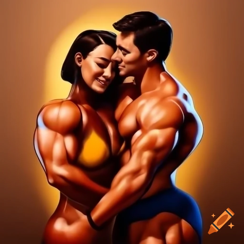 Bodybuilder couple sharing a kiss at home