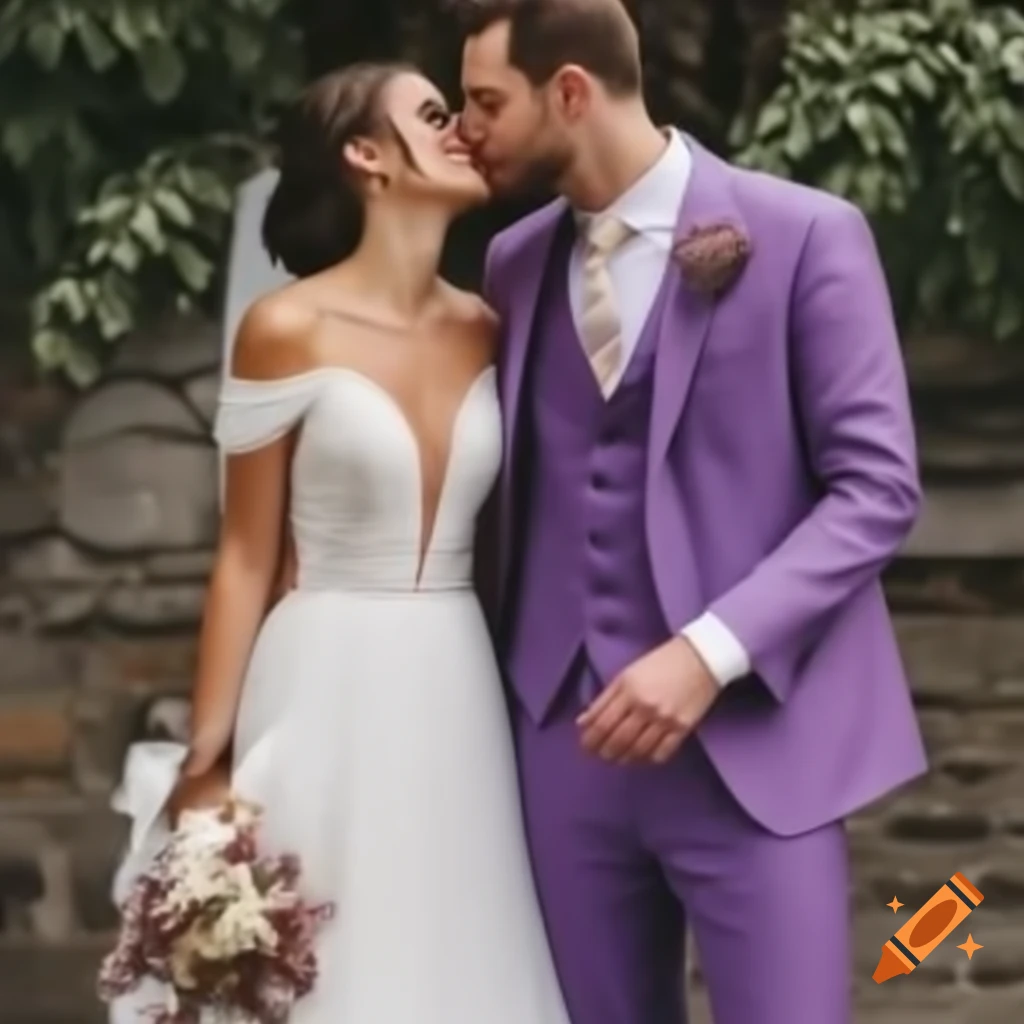 Casual bride and groom in purple attire