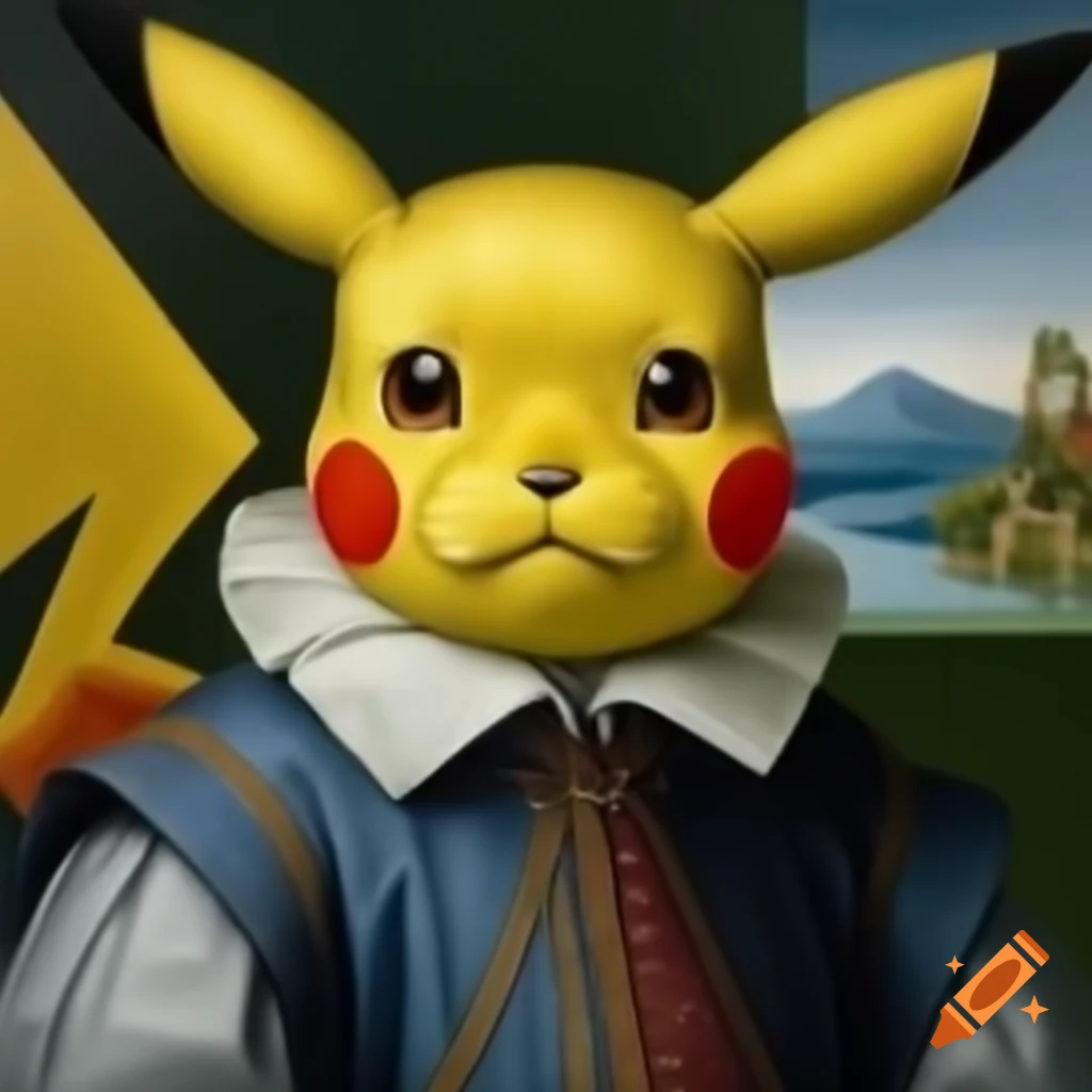 Pikachu in Renaissance style portrait wearing attire with a lake background