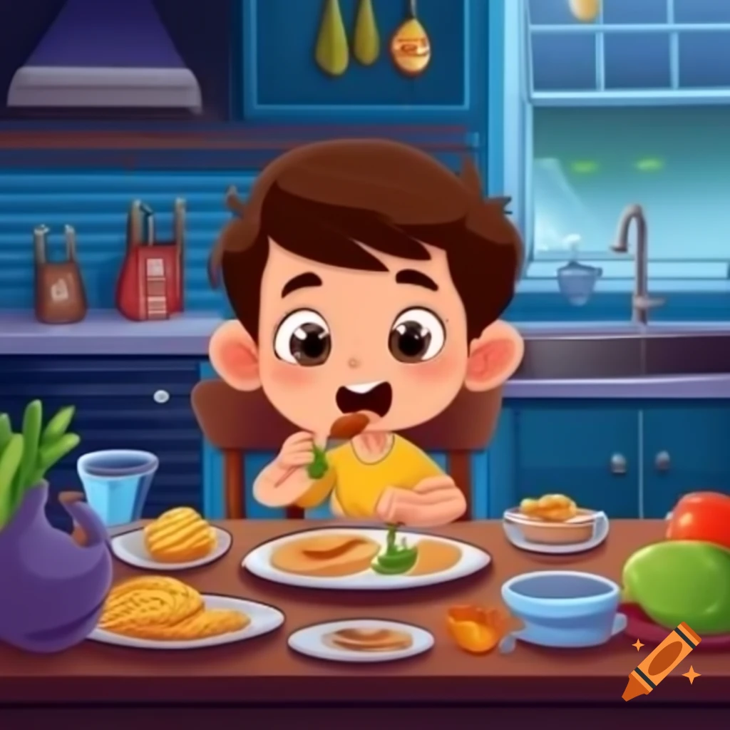 Boy enjoying dinner in kitchen at night