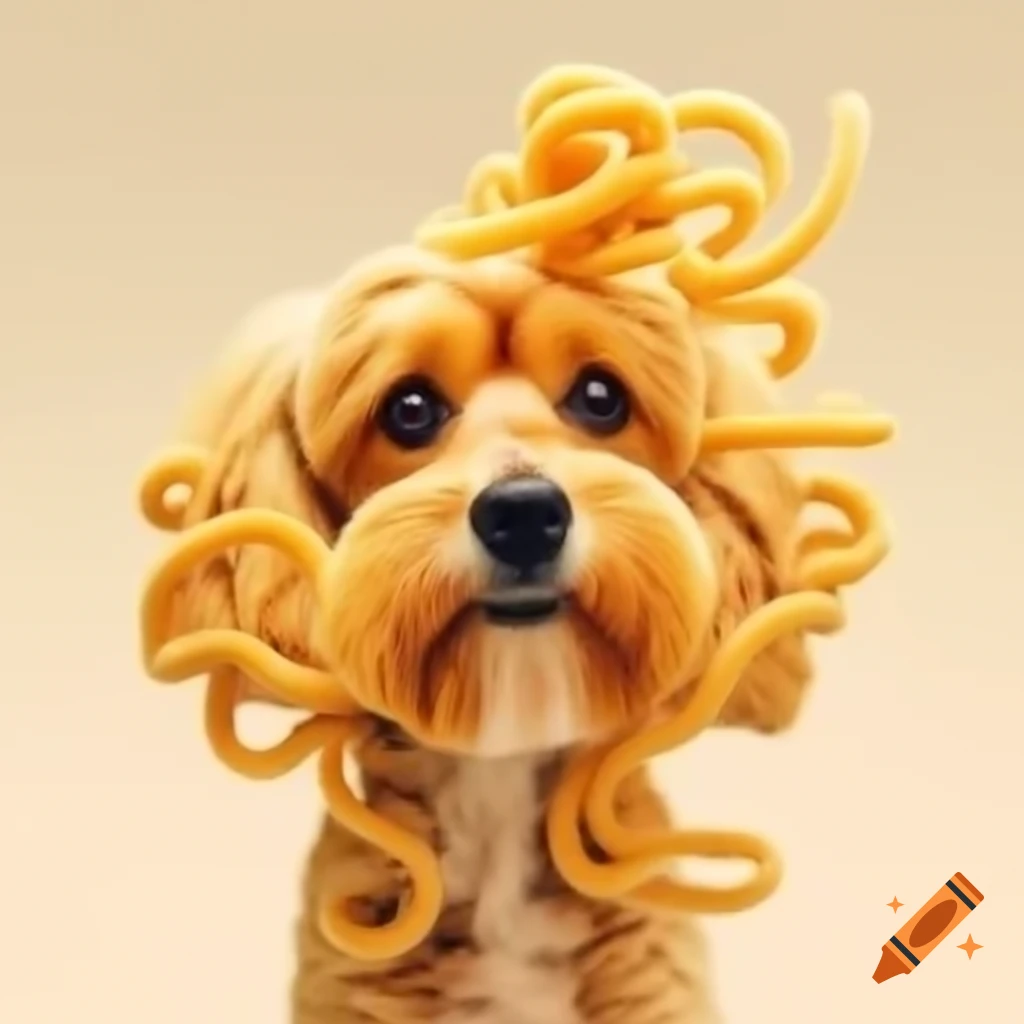 Fluffy golden doodle dog with curly fur resembling ramen noodles