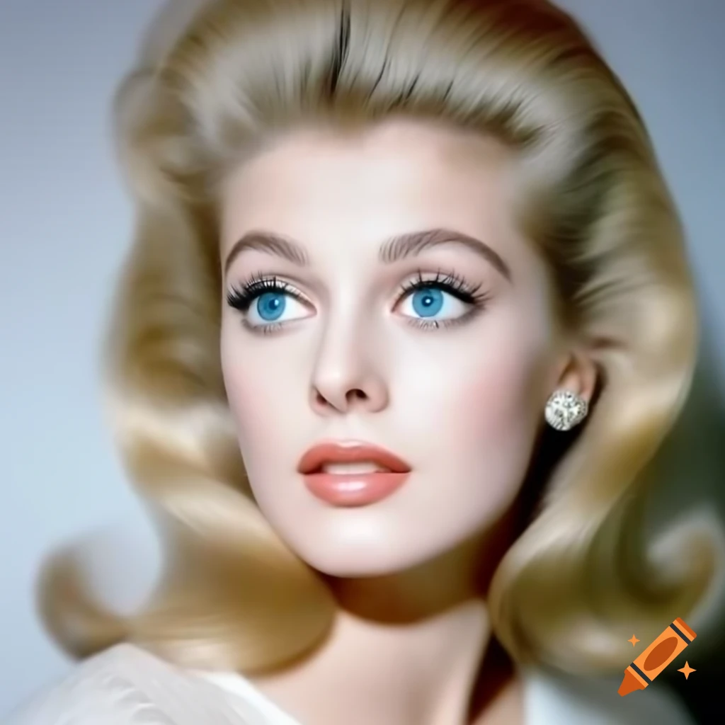 Hyper-realistic portrait of European actress from 1963 with porcelain skin and blue eyes