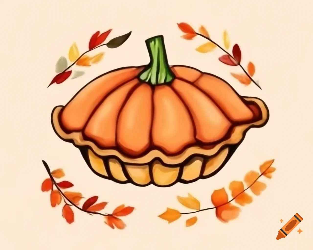 Pumpkin-shaped Thanksgiving pie plate in vibrant autumn colors, watercolor style