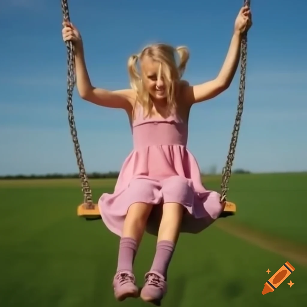 Young woman swinging joyfully, dressed in a pink summer dress with flying pigtails