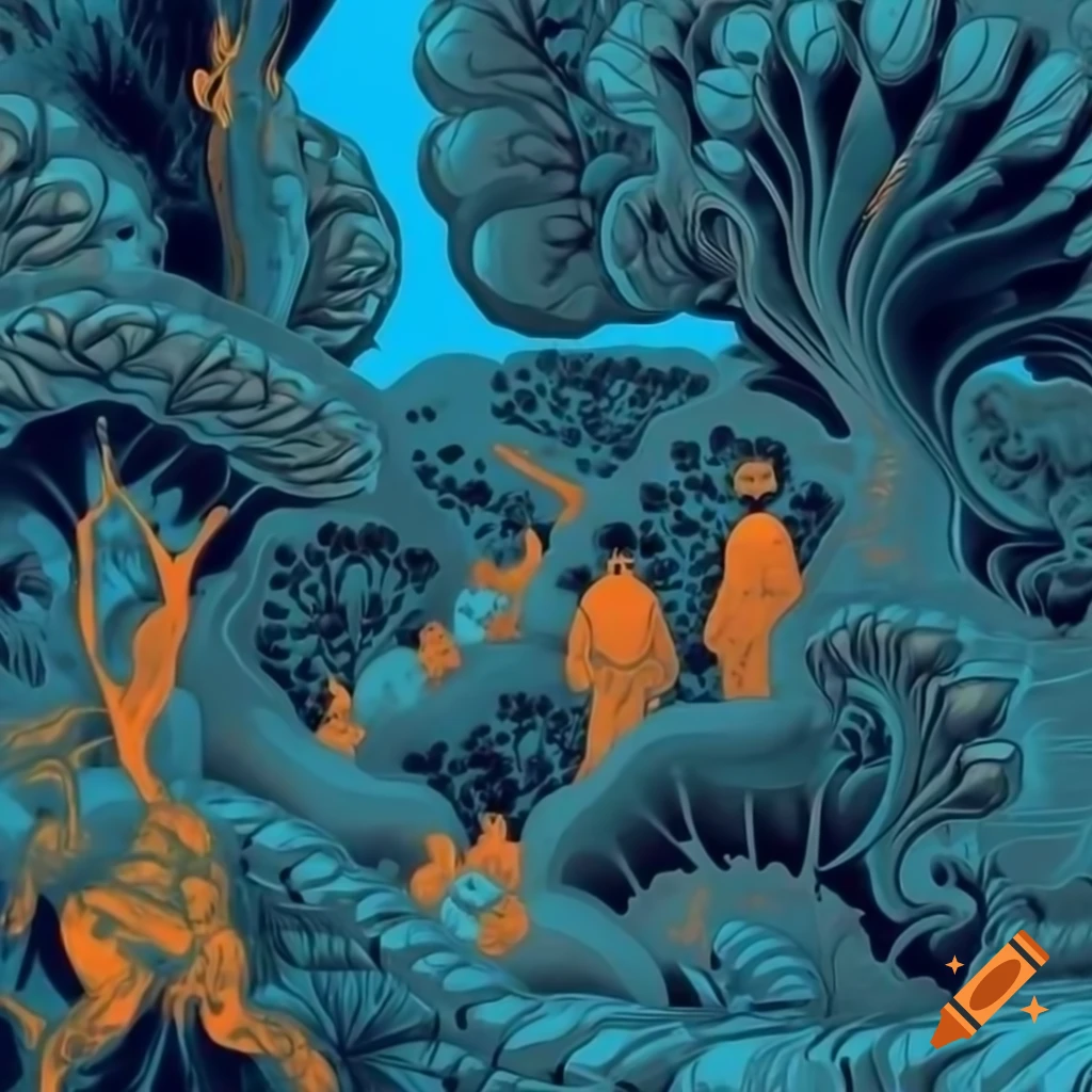 Surrealist nature landscape with people, detailed fractal patterns and bright colors