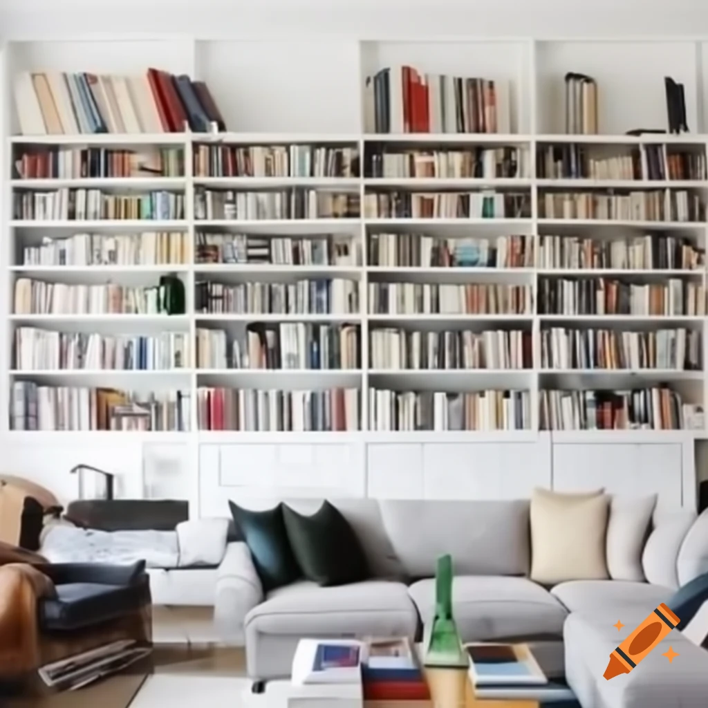 Stylish living room with bookshelf, drink dispenser, and elegant table