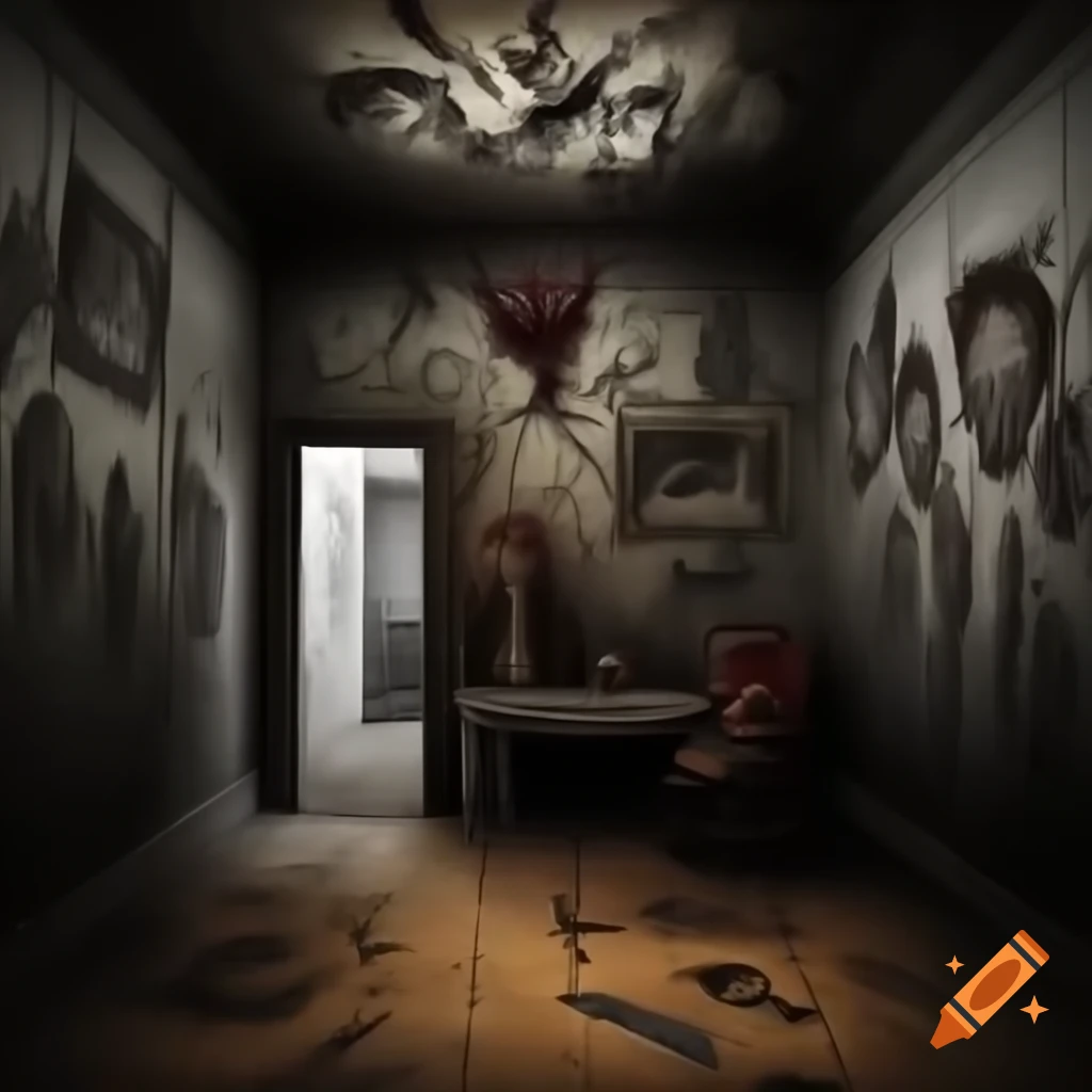Scary room with demonic drawings and depictions on walls