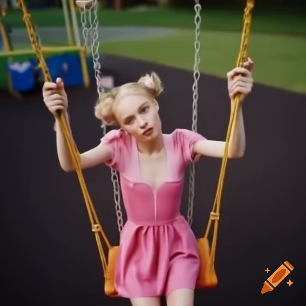 Tall woman with pigtails in pink dress swinging joyfully on playground