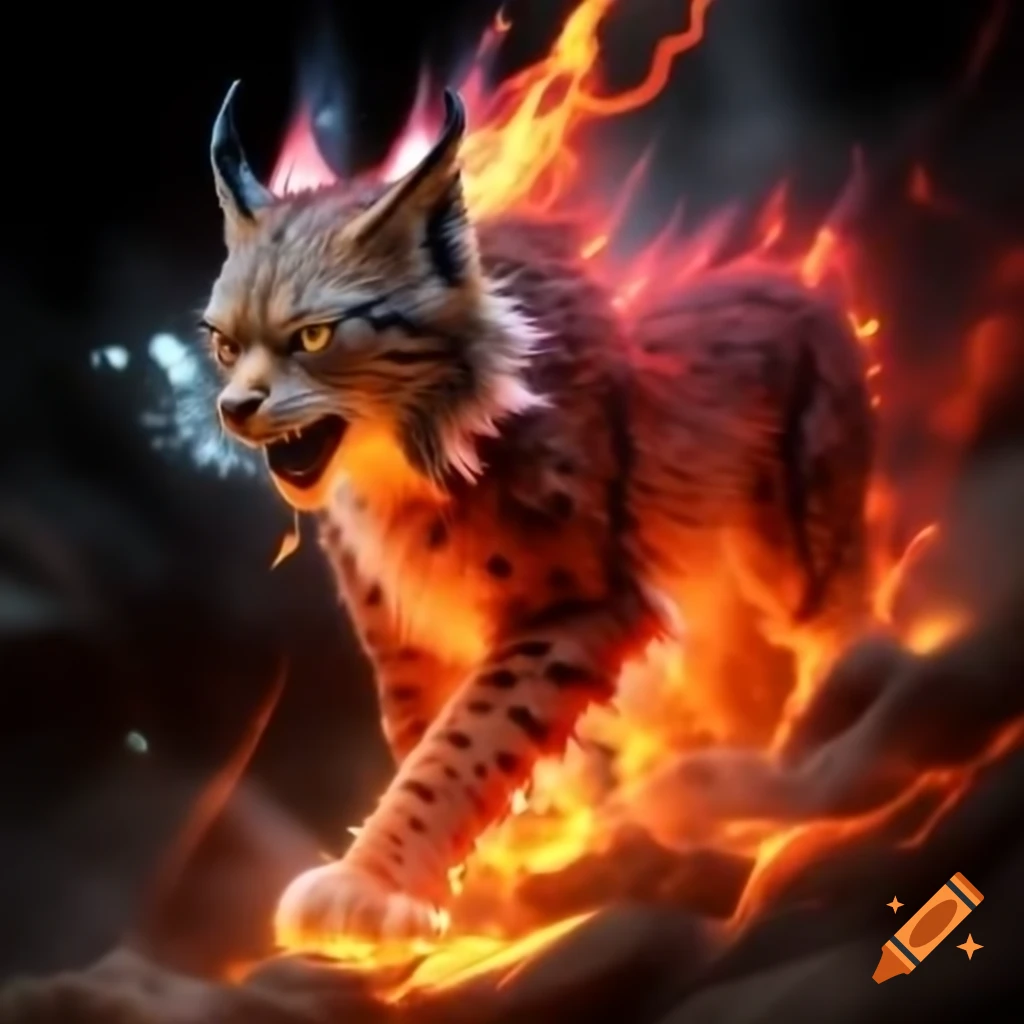 Mythical lynx emerging from crimson flames with piercing yellow eyes