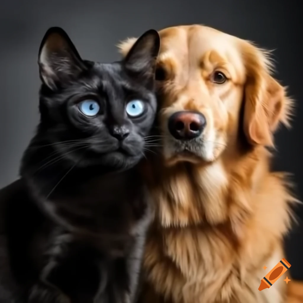Black cat with blue eyes alongside a golden retriever