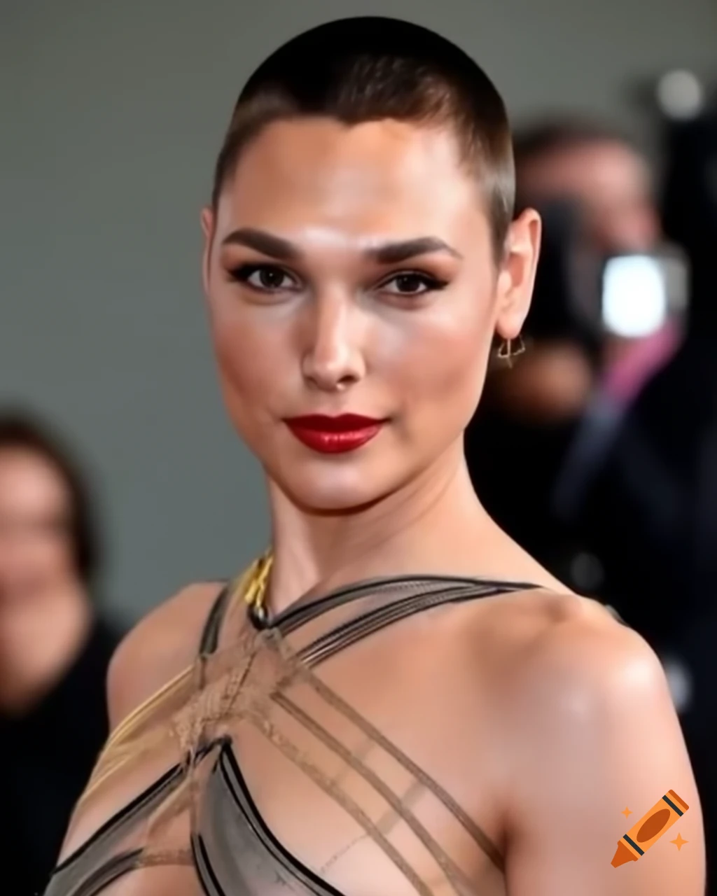 Gal Gadot showcasing a shaved haircut in a stylish low cut dress