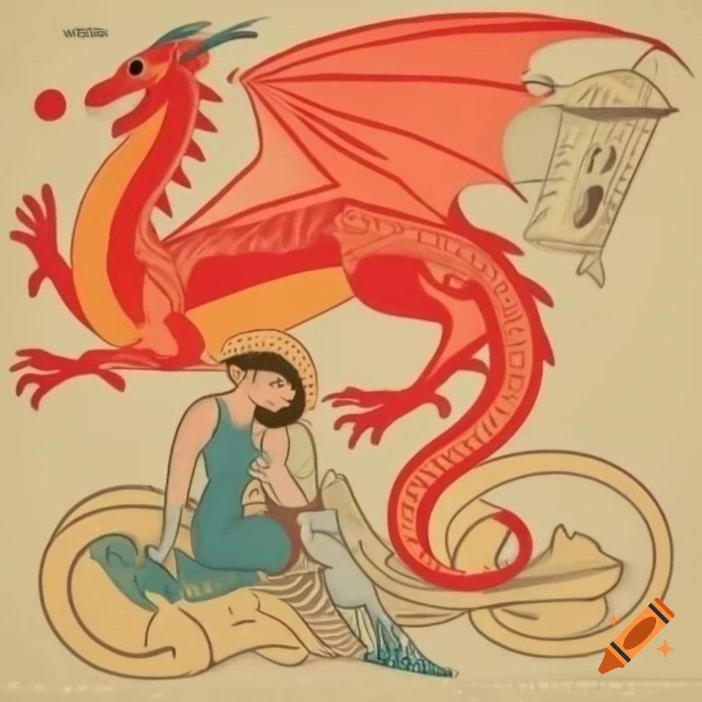 Art nouveau illustration of 'The Great Red Dragon and the Woman Clothed with Sun', featuring clean bold lines