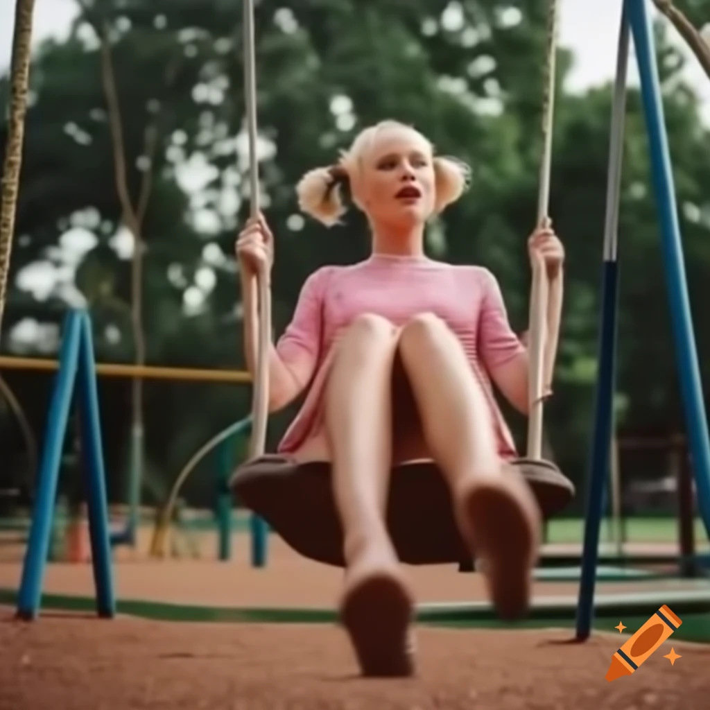 Tall woman with blonde pigtails swinging in playground wearing pink dress