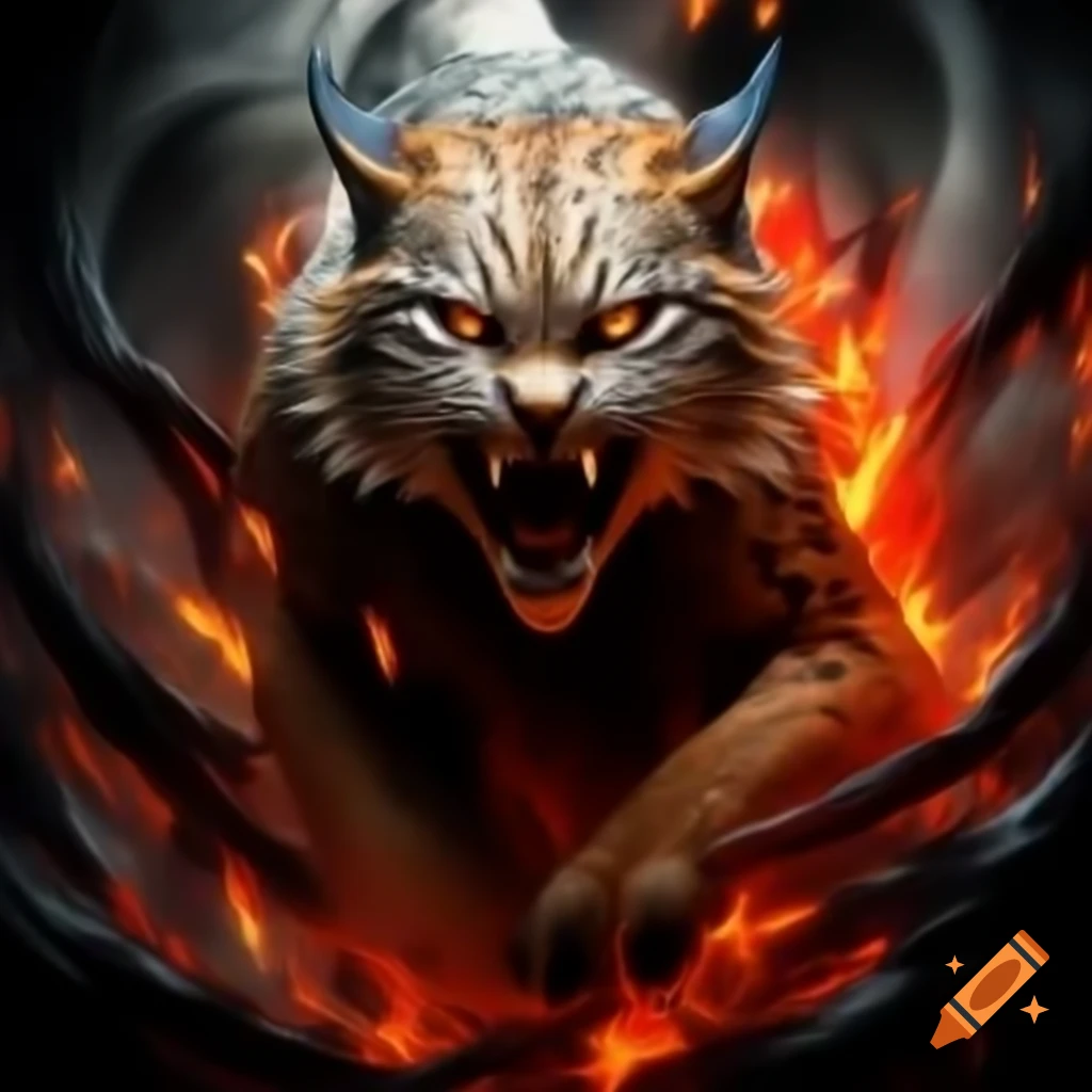 Lynx emerging from swirling vortex of fire with fiery red gaze