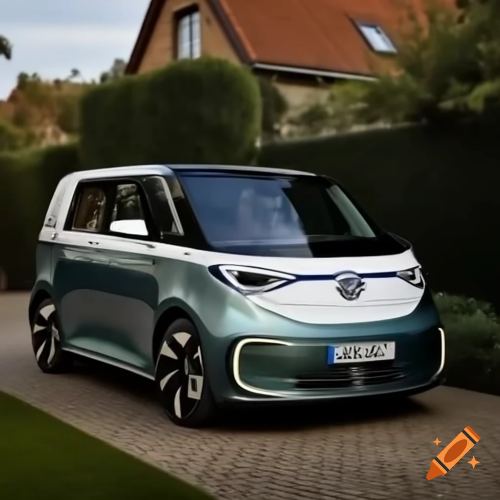 European Volkswagen ID Buzz double cab in wooded area, angled view towards camera