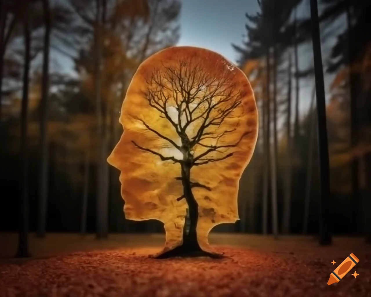 Tree branches and leaves forming a head sculpture in autumn golden light