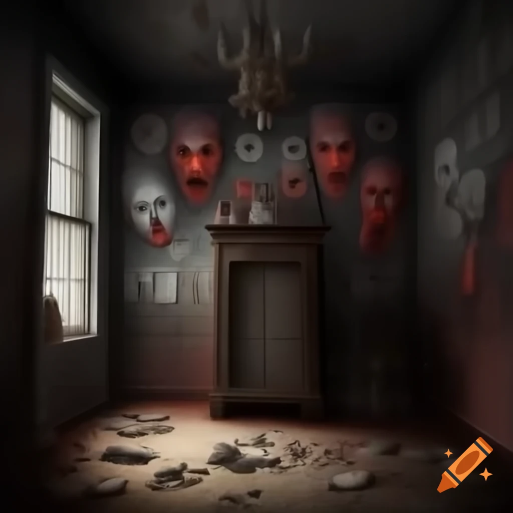 Scary haunted house room with demonic drawings on walls