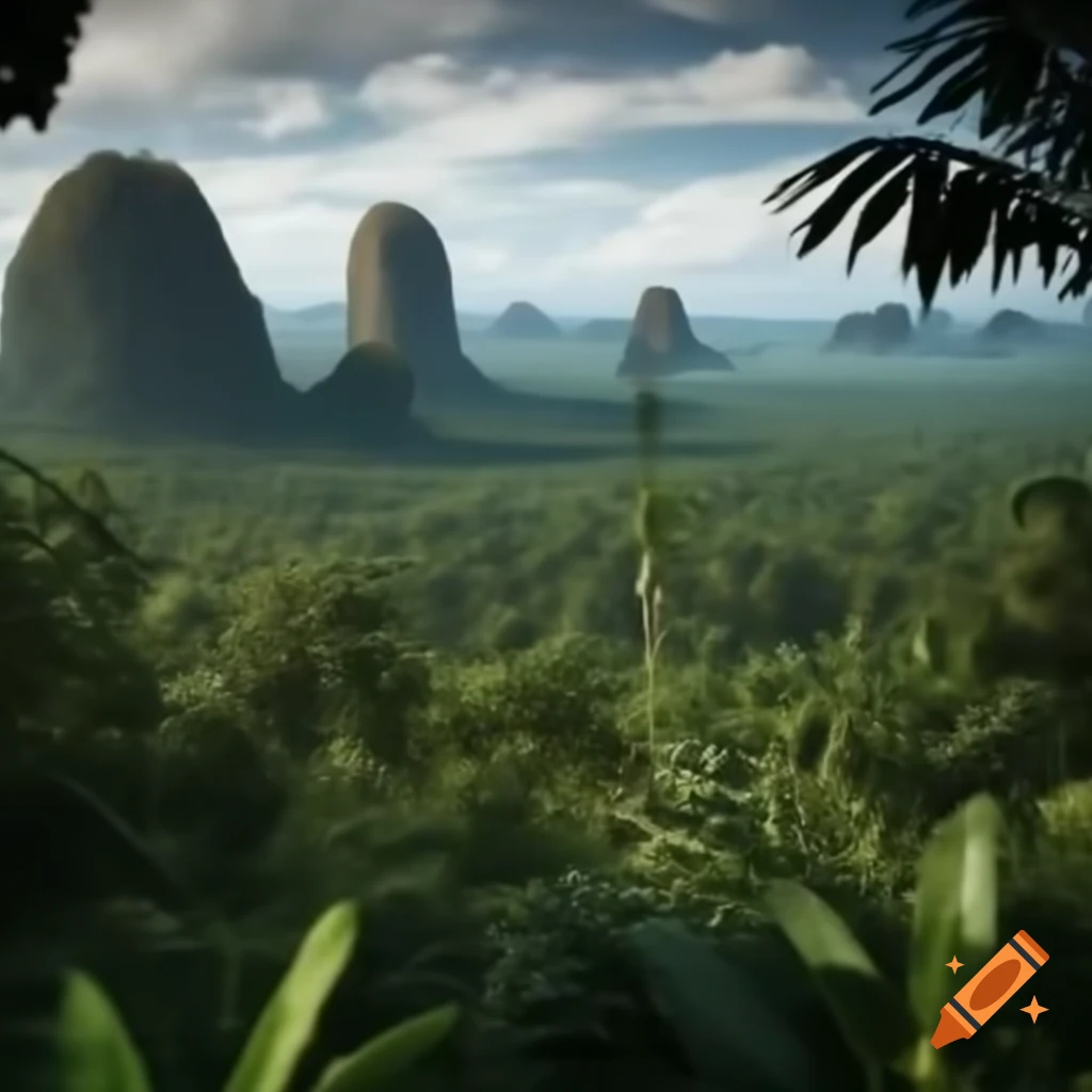 Wide view of jungle landscape with rocky mountains in background