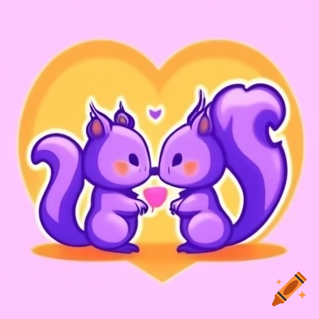 Cute cartoon anime chibi squirrel couple in love, lavender and neon orange theme
