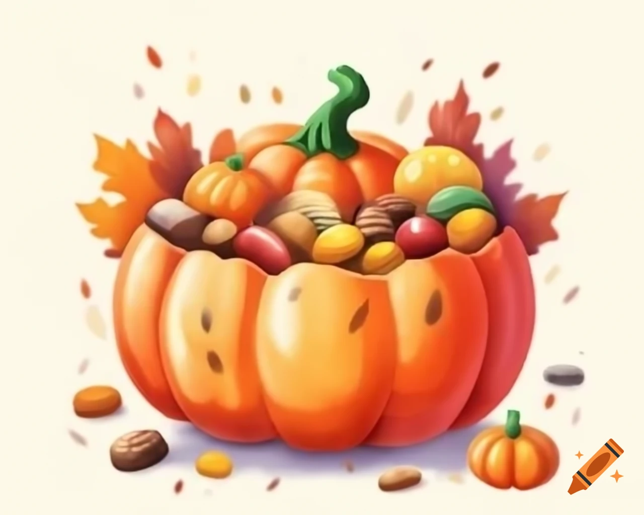 Pumpkin-shaped Thanksgiving candy bowl in vibrant autumn colors, watercolor style
