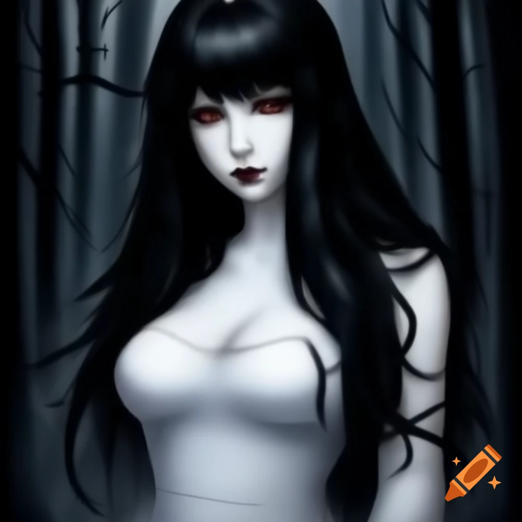 Girl with long black hair and bangs in junji ito style on craiyon