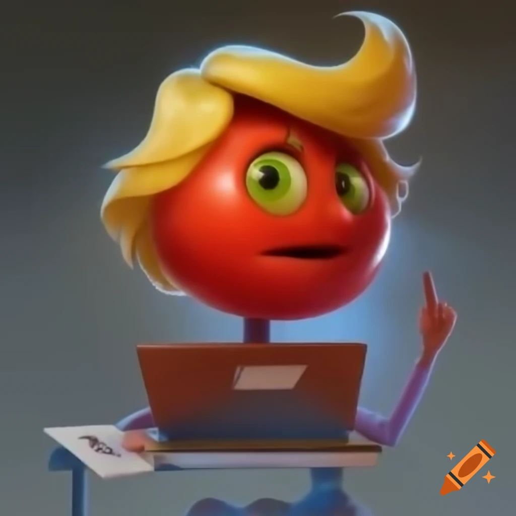 Tomato character with blonde hair as UI designer in Pixar style