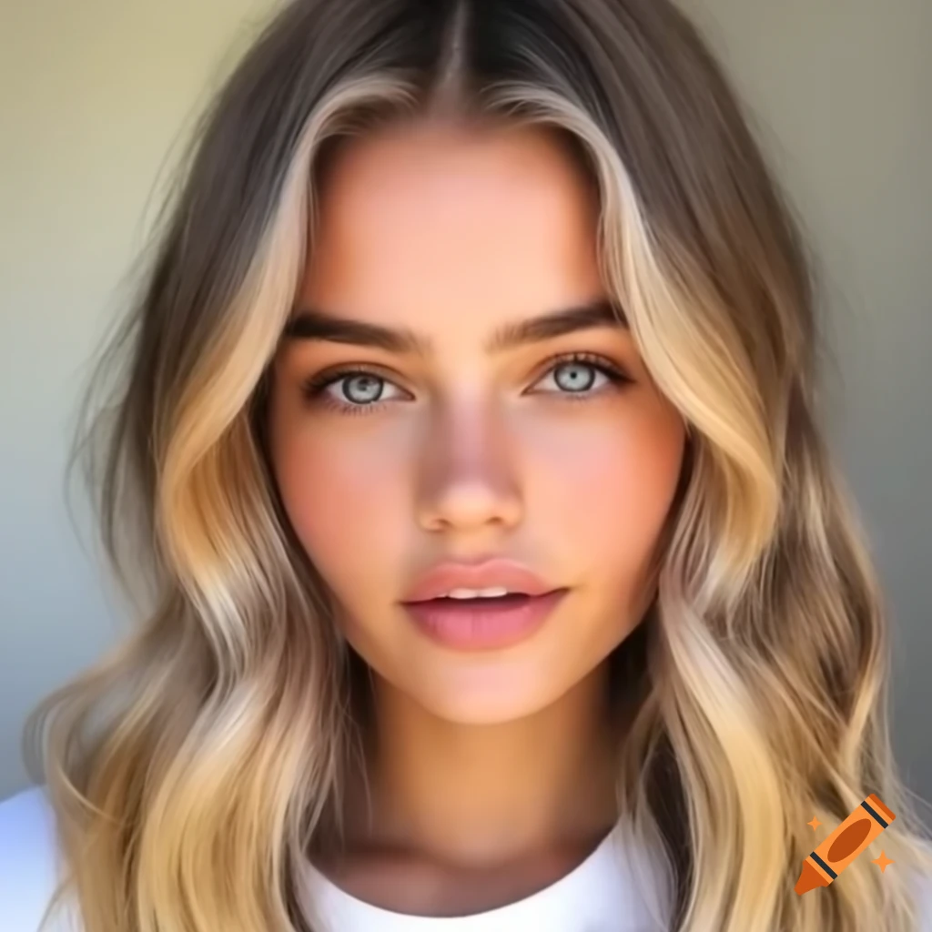 Beautiful blonde woman with long wavy hair wearing a white shirt
