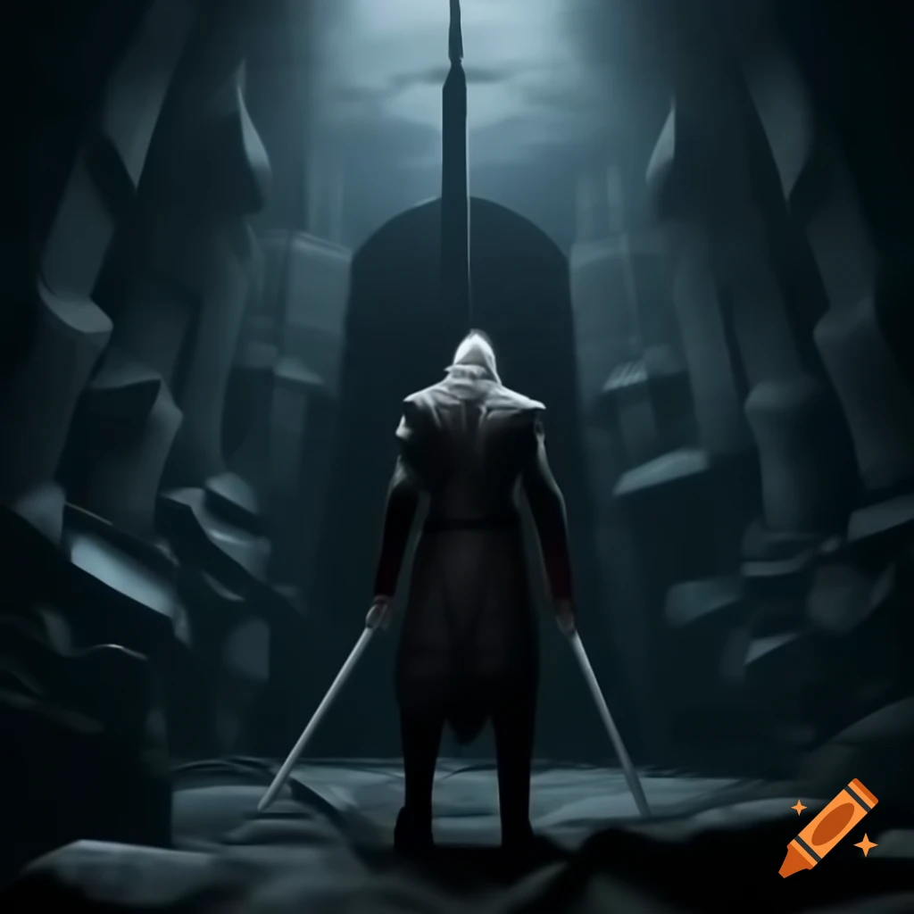 Geralt of Rivia in crypt, poised with sword ready for action