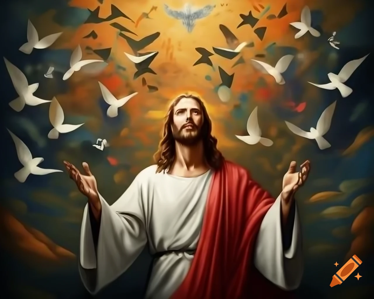 Mosaic depicting Jesus surrounded by birds and water in figurative style