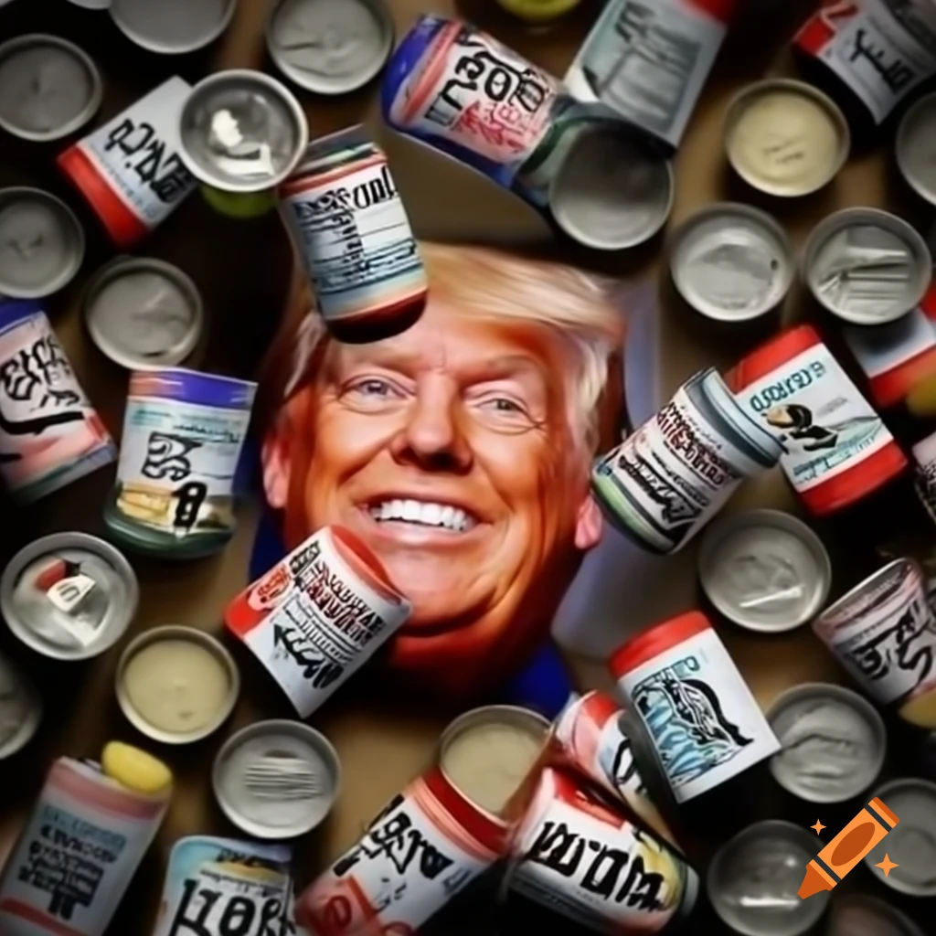 Magazine ad design showcasing cans of dog food with Donald Trump's image