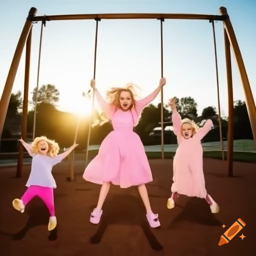 Woman in pink dress swinging joyfully in playground